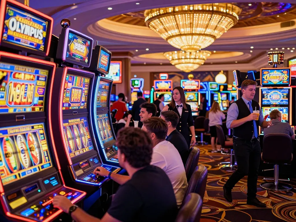 Engaging players at the slot olympus machine celebrating a winning spin in a lively Las Vegas casino.