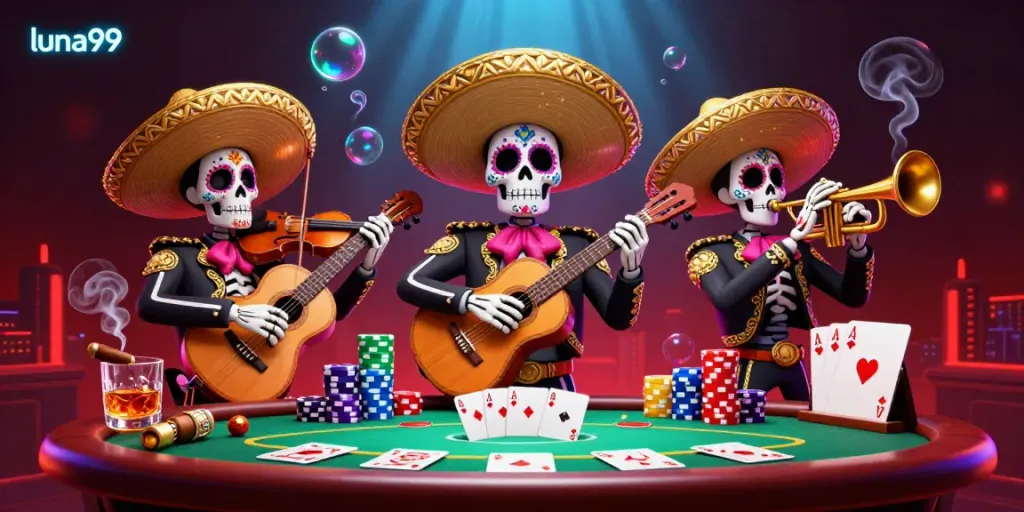 Ilustrasi 3D luna99 menampilkan band mariachi karakter kerangka dalam suasana kasino yang meriah.