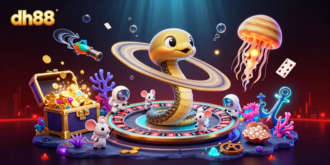 Place bets and win at dh88 with a coiled roulette snake, astronaut mice, cosmic jellyfish dealer, and vibrant casino elements.