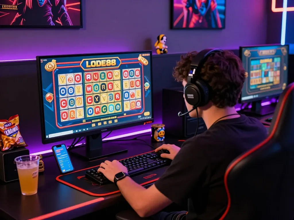 Engaged player at LODE88 online lottery platform with vibrant gaming setup.