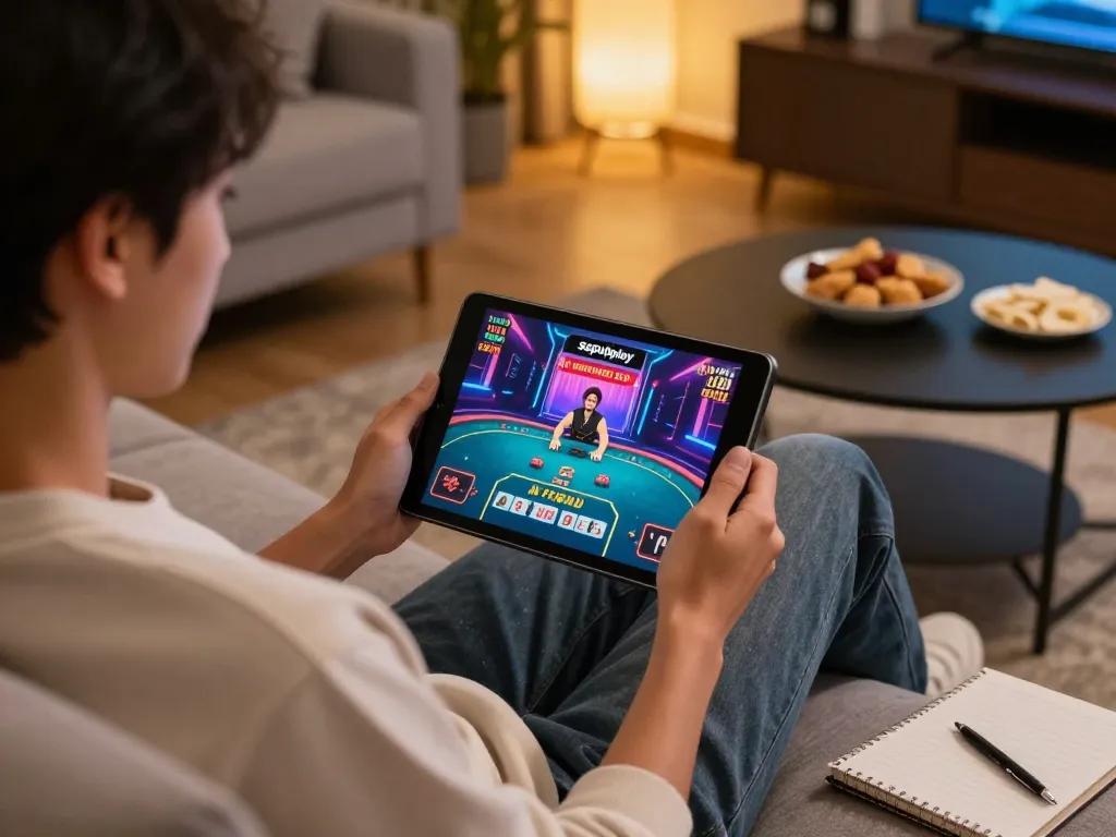 Orang yang menikmati permainan online di platform Sepuhplay di rumah, menampilkan antarmuka tablet dan suasana yang nyaman.