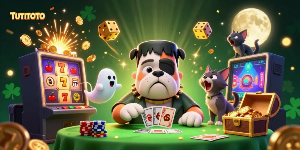 TUTITOTO showcases a lively 3D casino scene with a Frankenstein bulldog dealer and vibrant gaming elements.