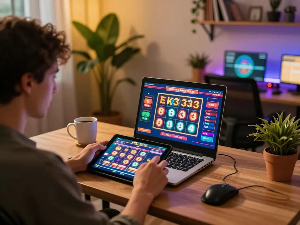 Engaging in EK333 slots gameplay on a tablet, surrounded by a warm and inviting online gaming atmosphere.