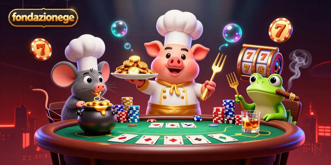 Engage in thrilling gaming with fondazionege as a pig chef presents gold coins at a poker table.