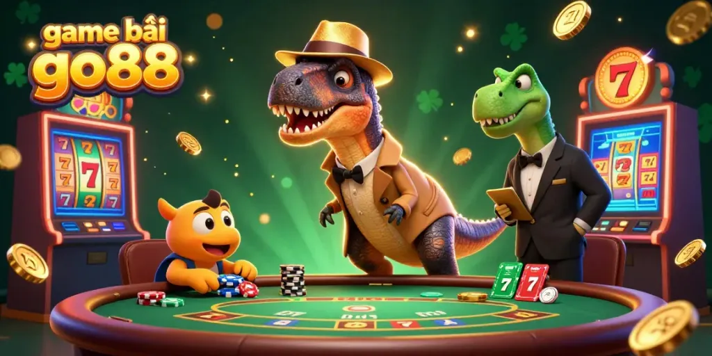 Engaging scene of game bài go88 with velociraptor card counter and jackpot elements in a vibrant casino setting