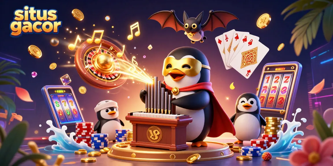 Experience the excitement of situs gacor with a dynamic 3D scene featuring a penguin playing the organ, surrounded by coins and slot reels.
