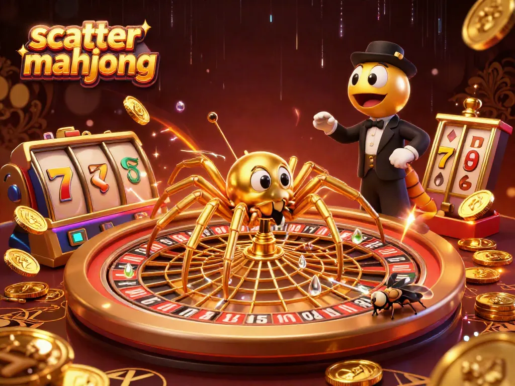 Engage in scatter mahjong excitement with a golden spider and croupier in a vibrant casino scene