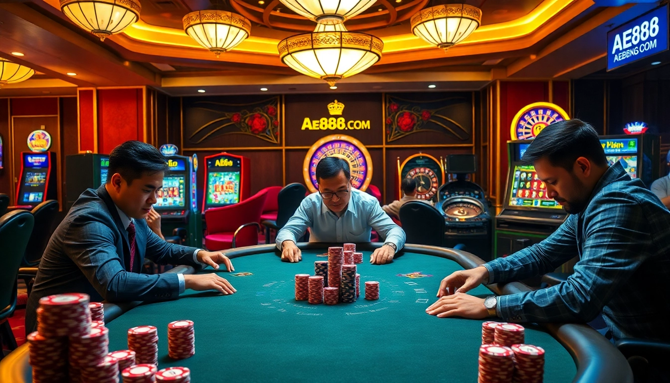 Players strategizing at a poker table in a luxurious AE888 COM casino environment.