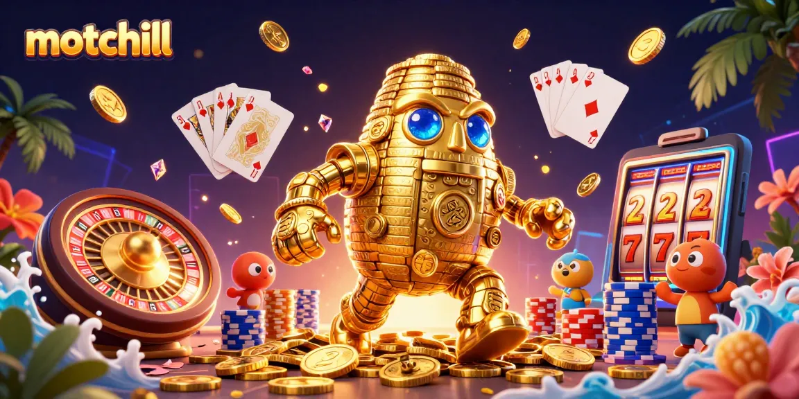 Experience thrilling wins at motchill with slot machines and golden golems in an action-packed casino scene.