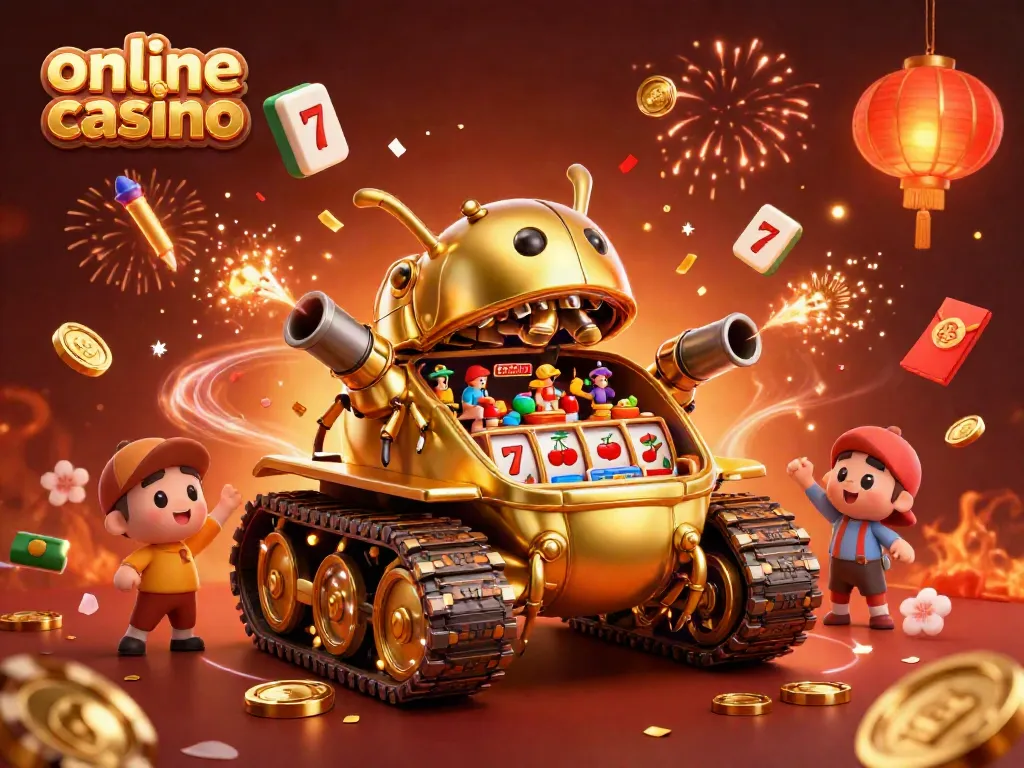 Engage with a vibrant 3D casino scene showcasing an online casino inside a golden beetle tank, shooting confetti.