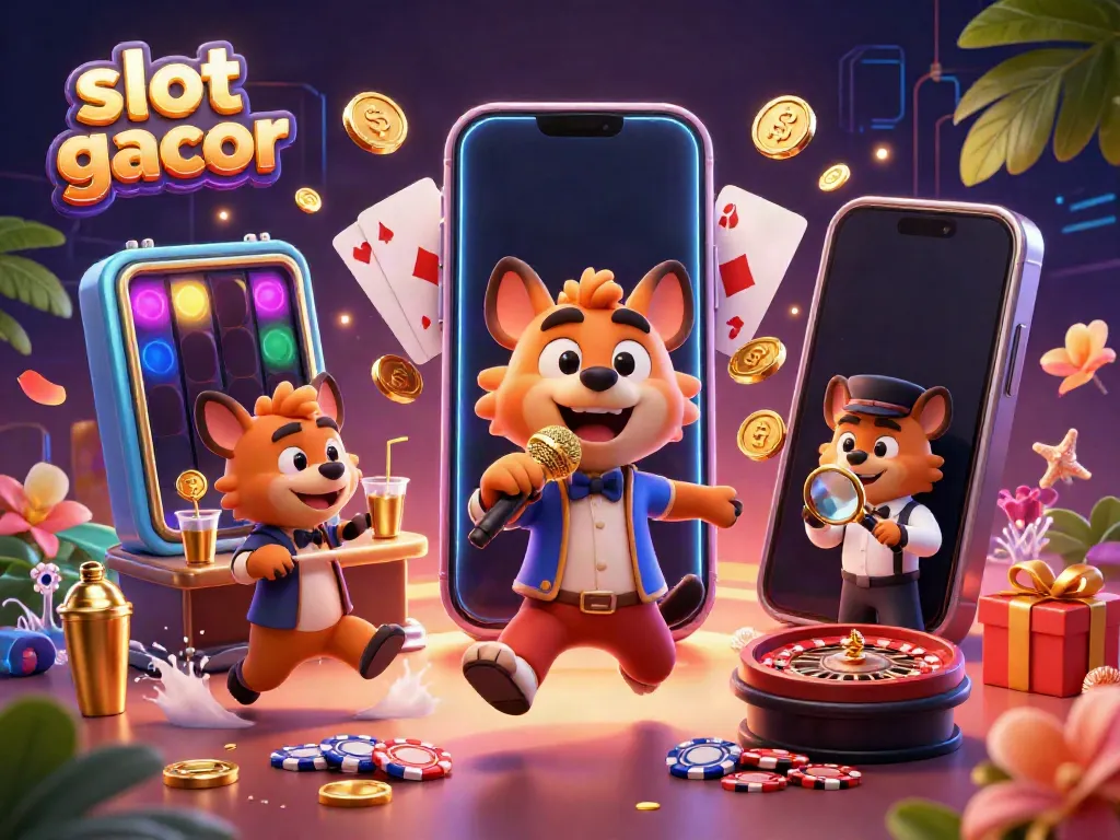 Experience the excitement of slot gacor in a vibrant casino scene featuring hyena characters engaging in gaming activities.