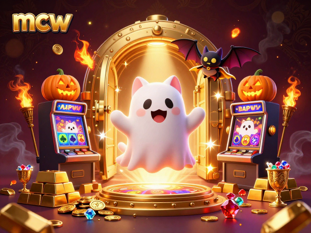 Engage with mcw's lively ghost cat and bat in a vibrant casino setting.