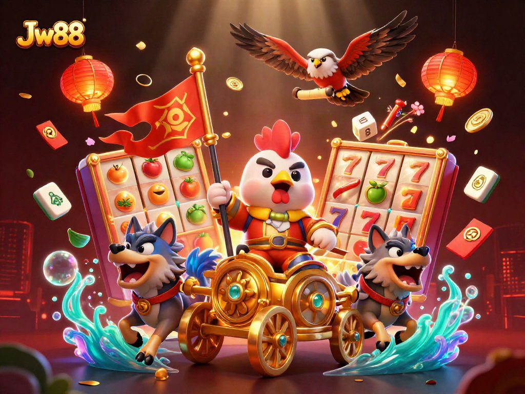 Invite excitement at Jw88 with a dynamic scene featuring a rooster warlord, slot reels, and winning symbols.