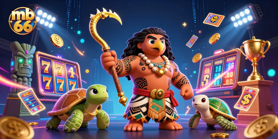 Spin to win with mb 66 in a vibrant 3D casino scene featuring dynamic slot elements and tribal characters.