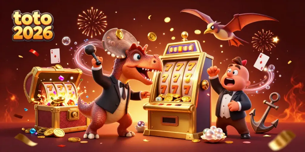 Ilustrasi 3D kasino dengan toto 2026, dinosaurus menghadapi mesin slot dan menang jackpot emas.