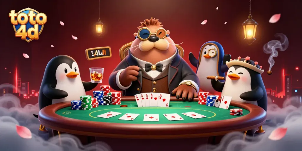 Menangkan toto 4d dengan 3D jolly walrus, dealer penguin, dan pemain pufferfish di meja poker yang ramai.