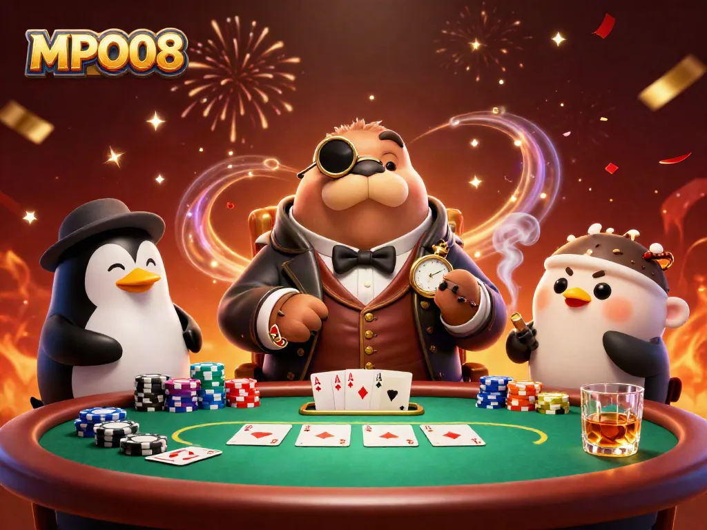 MPO08 showcases a poker scene with a walrus, penguin dealer, and pufferfish, bluffing in a vibrant underwater casino.