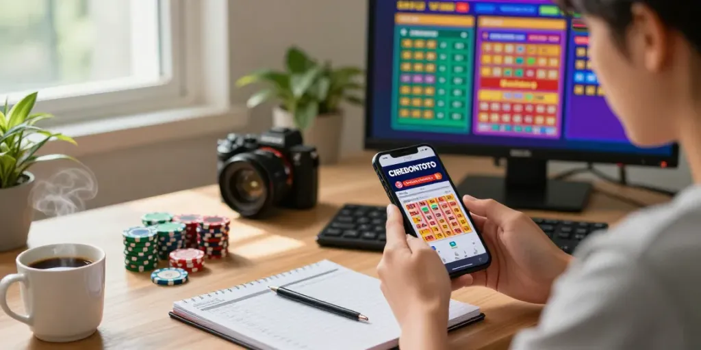 Mengakses situs CIREBONTOTO untuk bermain togel online di perangkat pintar di meja modern dengan suasana yang nyaman.