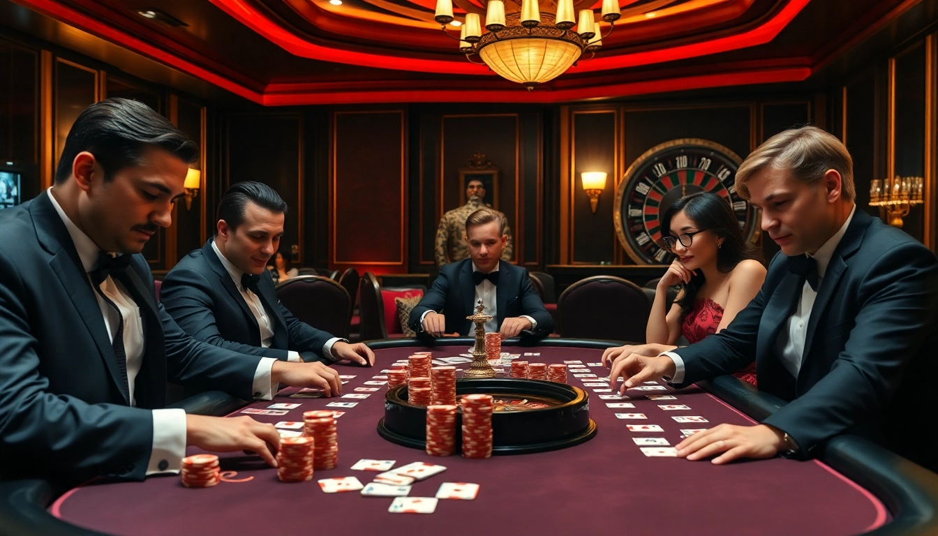 Engaged players enjoying judi poker at a luxurious casino table with vibrant decor.