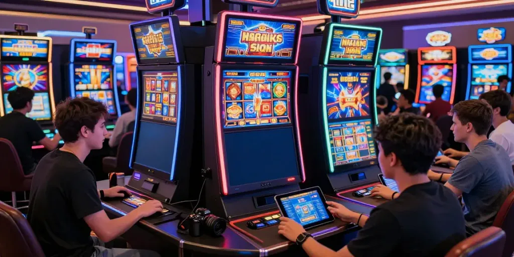 Pengalaman permainan online ratutogel dengan pemain yang bersemangat dan berbagai mesin slot di latar belakang.