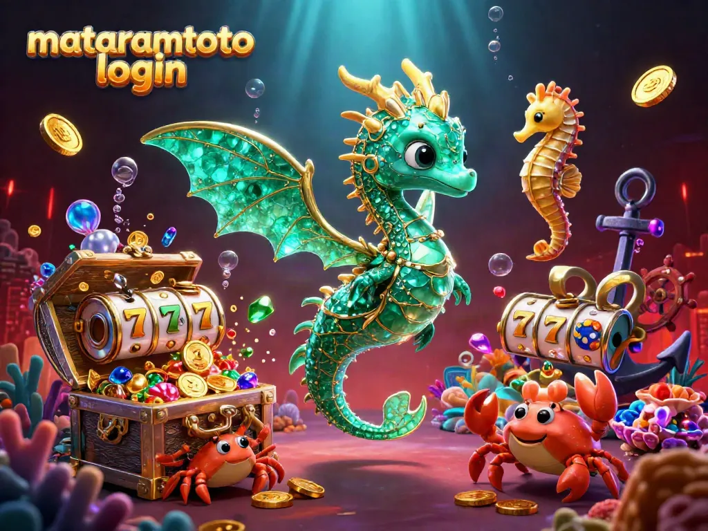 Engaging mataramtoto login scene showcasing a sea dragon and royal seahorse amidst slot symbols, vibrant underwater elements.