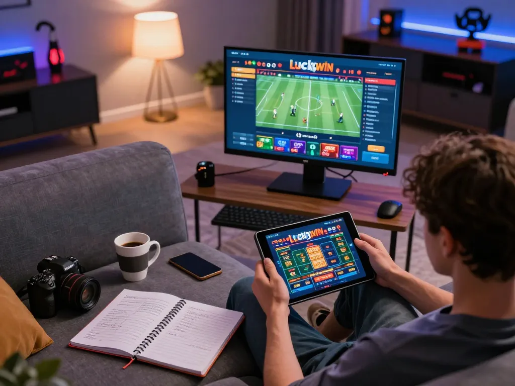 Engaging sports betting on the Luckywin link from a tablet in a cozy home setting.