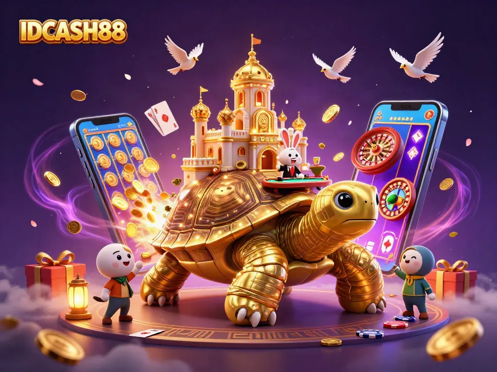 Win big with IDCASH88 by experiencing vibrant casino gameplay with an exciting tortoise and dealer scene.