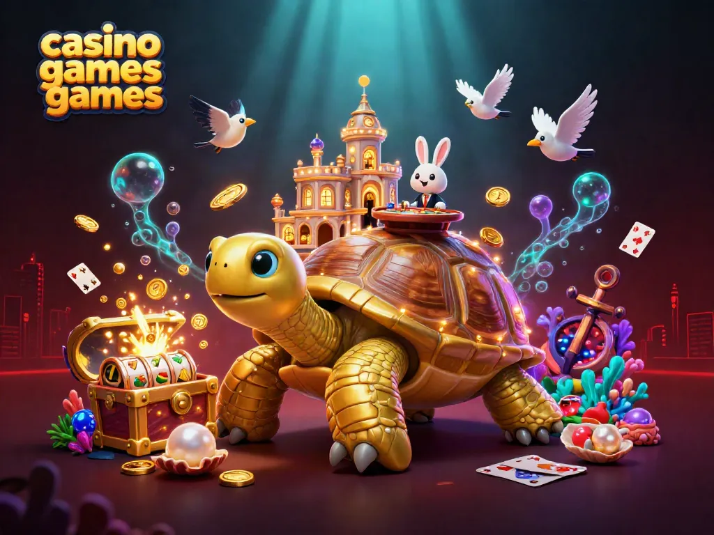 Explore vibrant casino games games scene featuring a golden tortoise with a casino palace on its shell.
