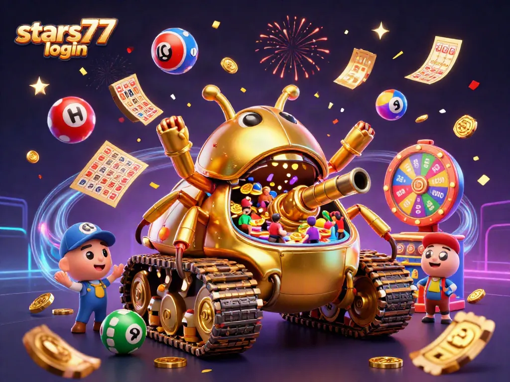 Judul "stars77 login" menampilkan suasana perjudian dengan kasino mini dalam tank keong emas.
