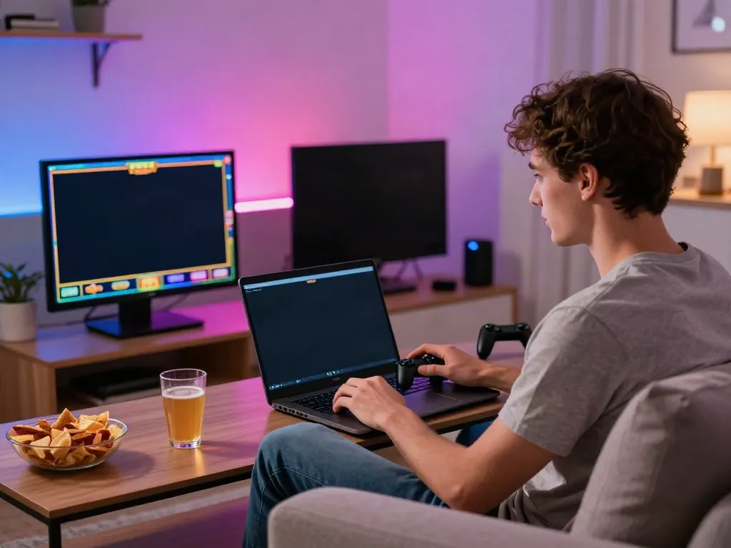 Engaging slot online game played in a cozy living room setting, showing a young man enjoying digital entertainment.