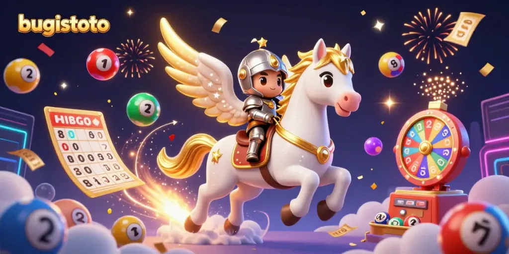 Bugistoto offers thrilling wins with dynamic lottery action and vibrant game elements in a fantastical scene.