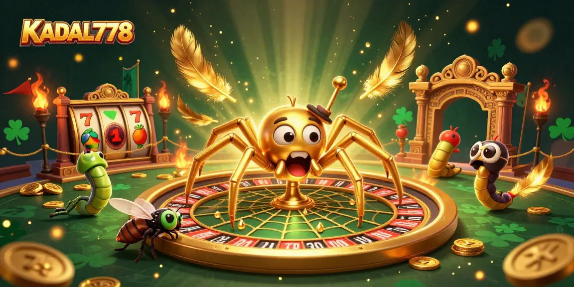 KADAL778 spins the roulette web while a fly nervously bets, showcasing a dynamic casino scene.