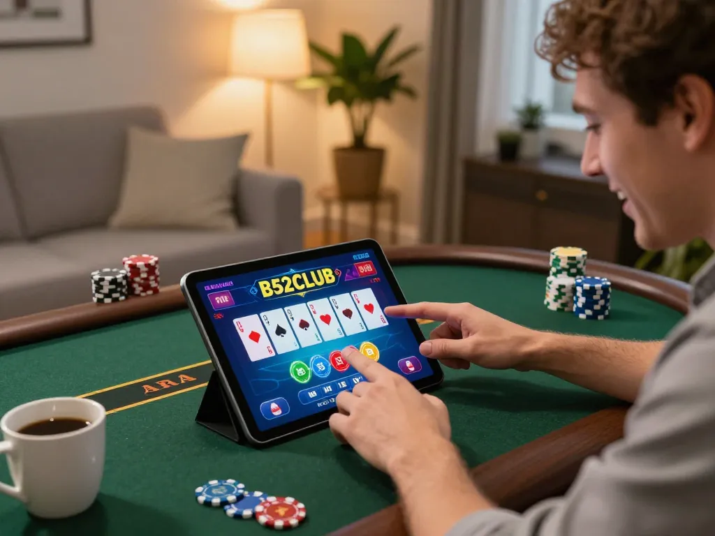 B52CLUB gaming session on a tablet in a cozy home setting with vibrant graphics and warm lighting
