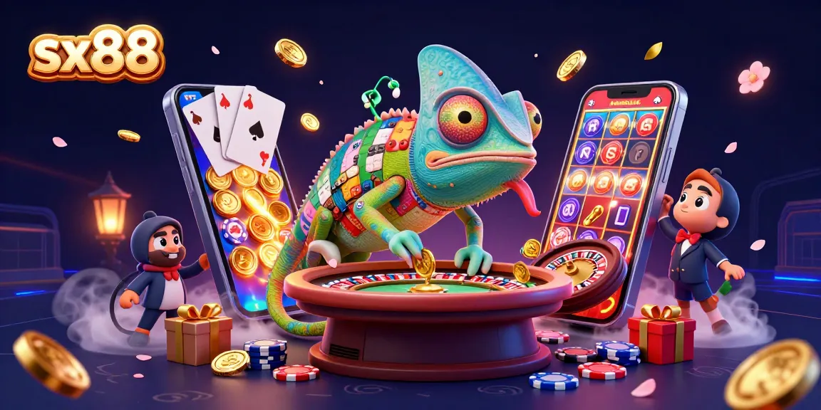 Experience thrilling wins with sx88, featuring a colorful chameleon casino owner amidst slots and poker action.