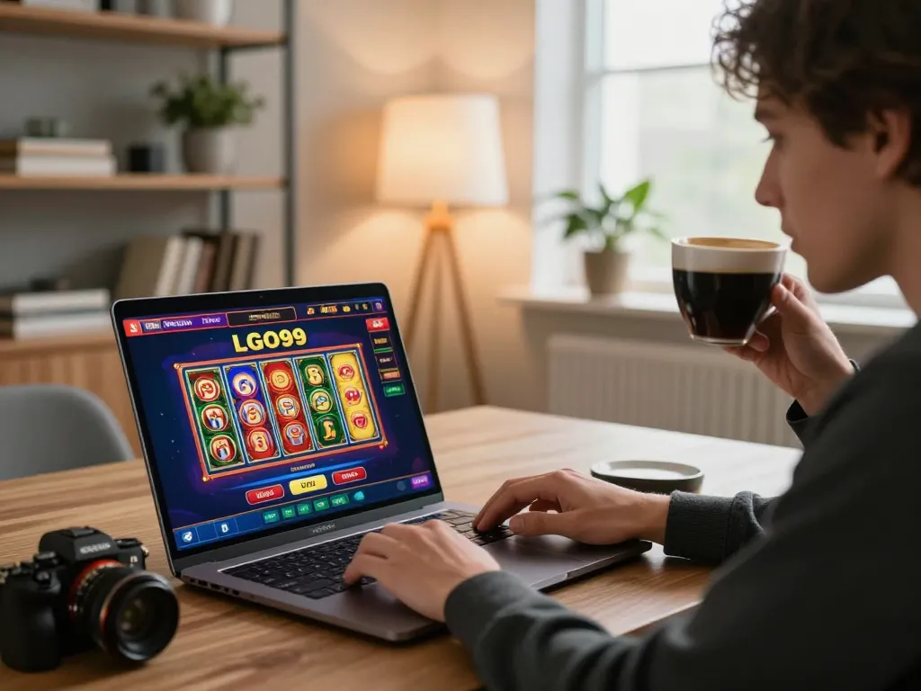 Pemain LGO99 menikmati slot online dalam pengaturan permainan di rumah yang nyaman.