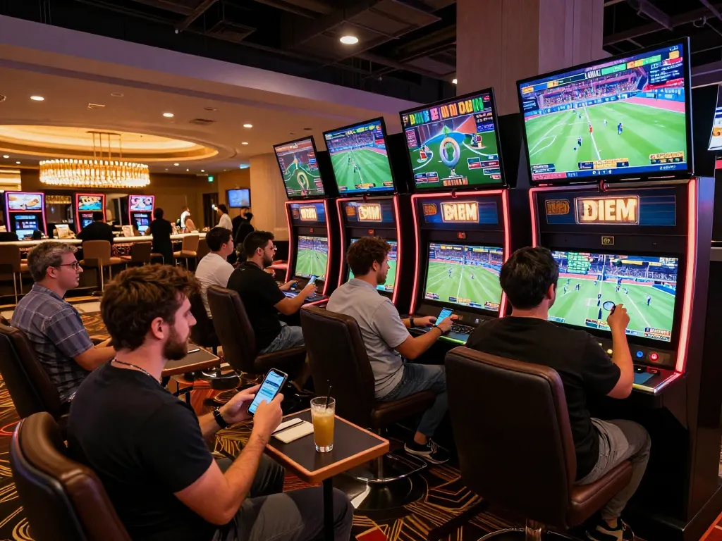 Exciting sports betting scene with tg88 logo on screen, bettors engaged in live events.