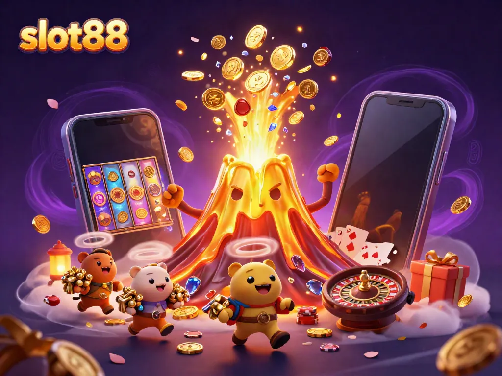 Menggandakan kemenangan di slot88 dengan karakter permainan dan simbol slot yang meriah.
