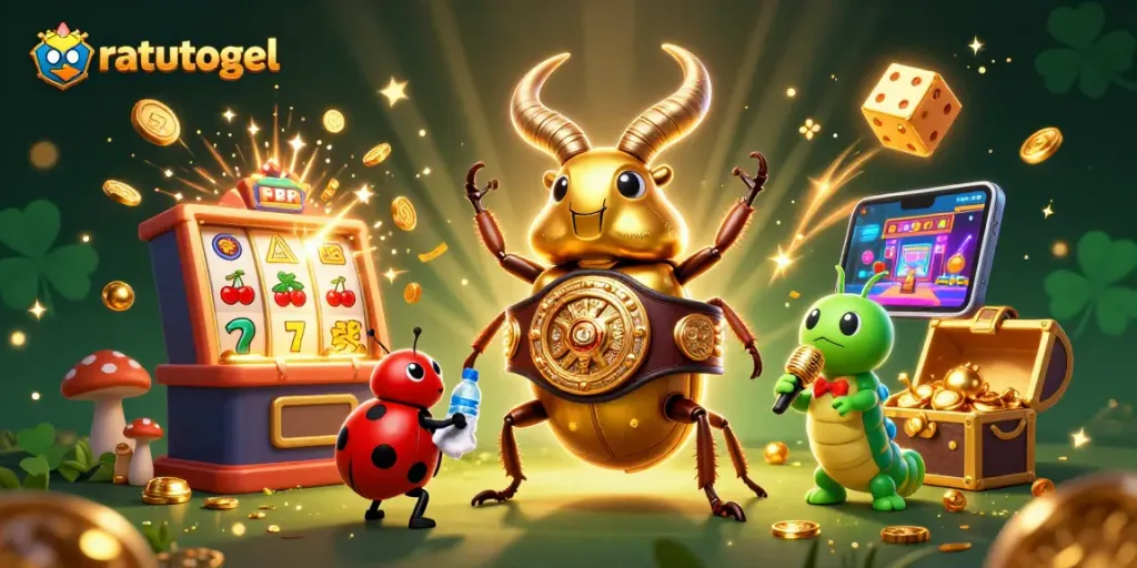 Win big with ratutogel gaming action featuring a golden stag beetle champion and slot explosion.