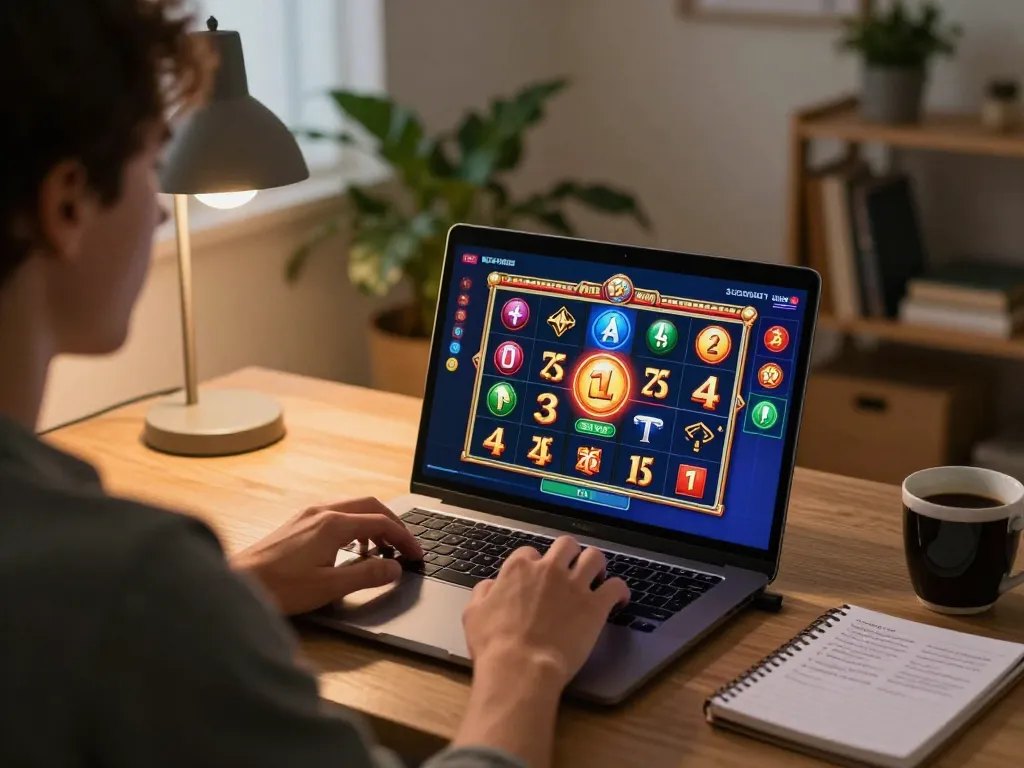Engaging home gaming scene featuring a user enjoying gawang69 online slots on their laptop while strategizing.