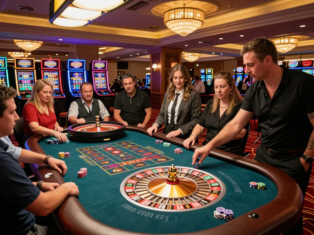 Players strategizing their bets at the roulette table in fabet casino, enjoying a thrilling atmosphere.