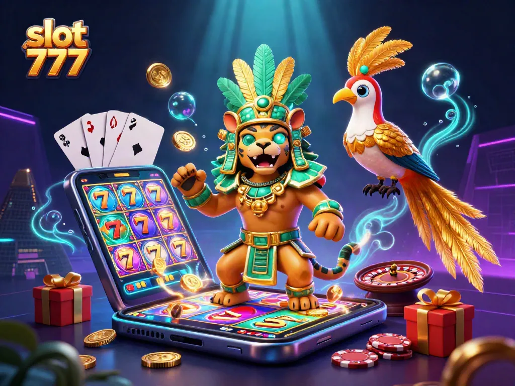 Putar slot 777 dengan jaguar dan burung quetzal dalam suasana kasino yang megah.