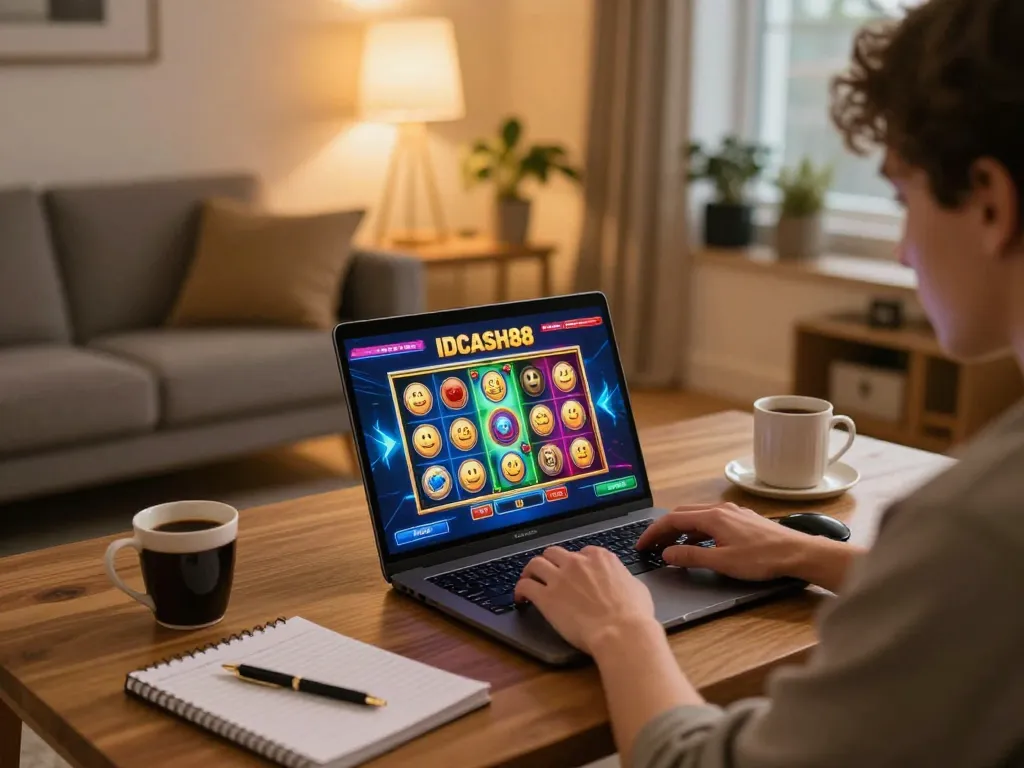 IDCASH88 user enjoying slot games on laptop, showcasing exciting online gambling experience at home
