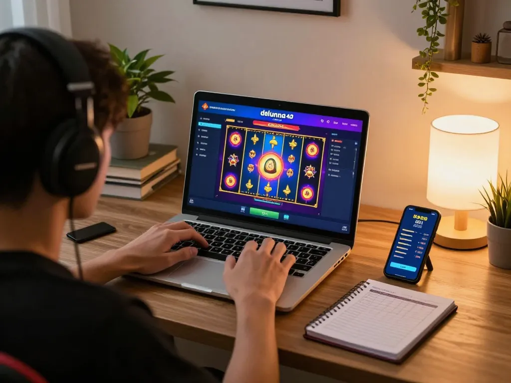 Pemain yang merencanakan strategi di platform kasino online alternatif deluna4d di pengaturan kantor rumah.