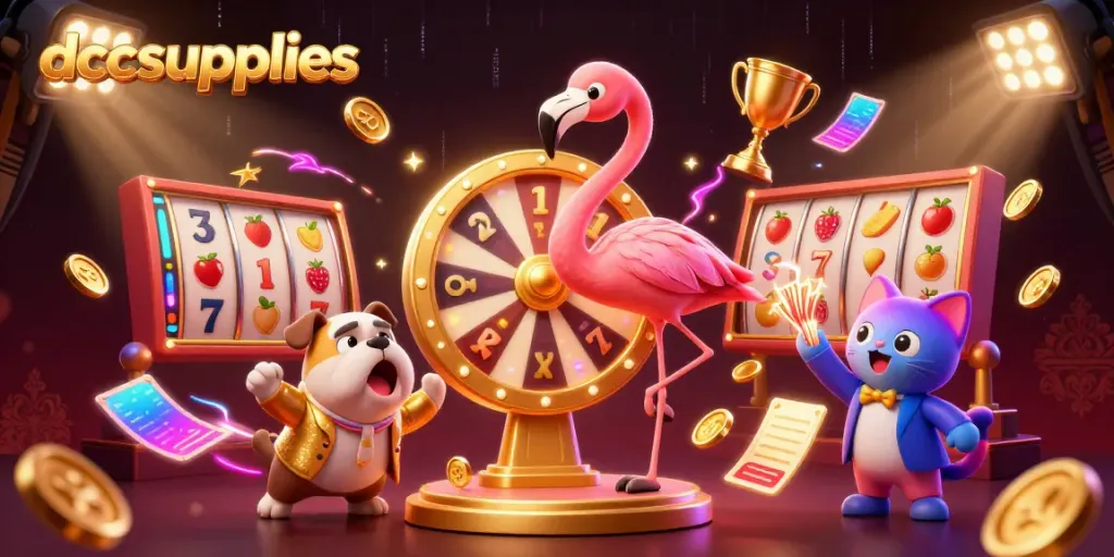 DCCsupplies menampilkan host permainan, anjing bulldog, dan kucing di latar belakang kasino dengan simbol slot.