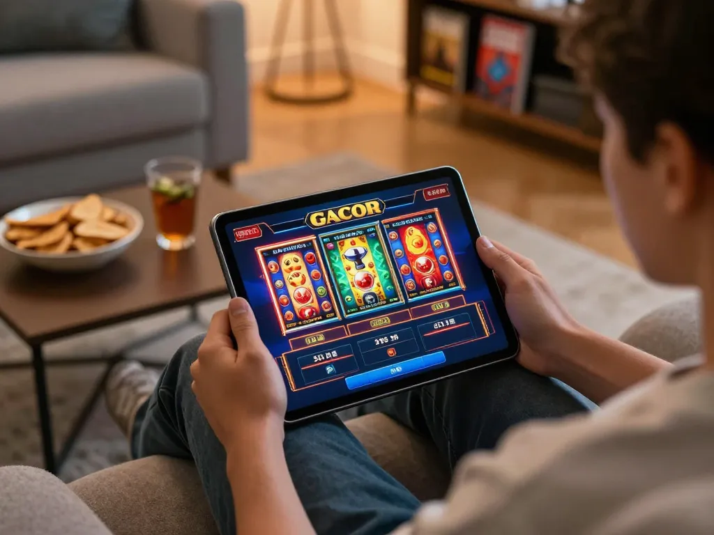 Engaging online gaming session with gacor slots highlighted on tablet screen in a cozy living room.