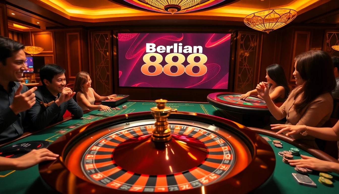 Experience the thrill of winning at berlian 888 with vibrant casino tables and a spinning roulette wheel.