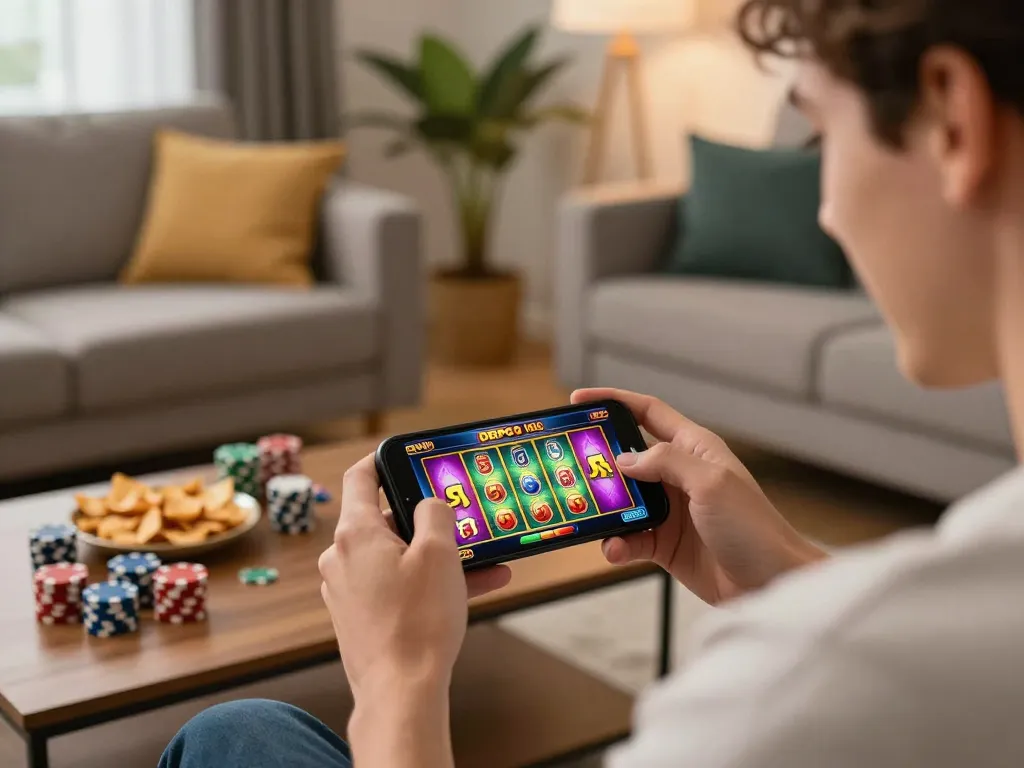 Bergabung dengan permainan slot depo 5k di smartphone dalam pengaturan rumah yang nyaman, menampilkan gameplay yang penuh warna.