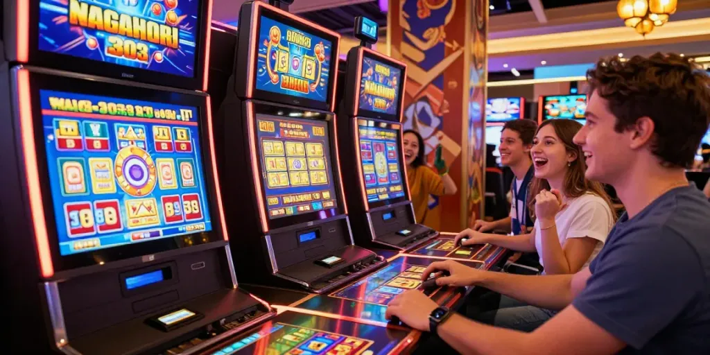 NAGAHOKI303 menggambarkan suasana ceria bermain slot online, dengan para pemain menikmati permainan di perangkat mereka.