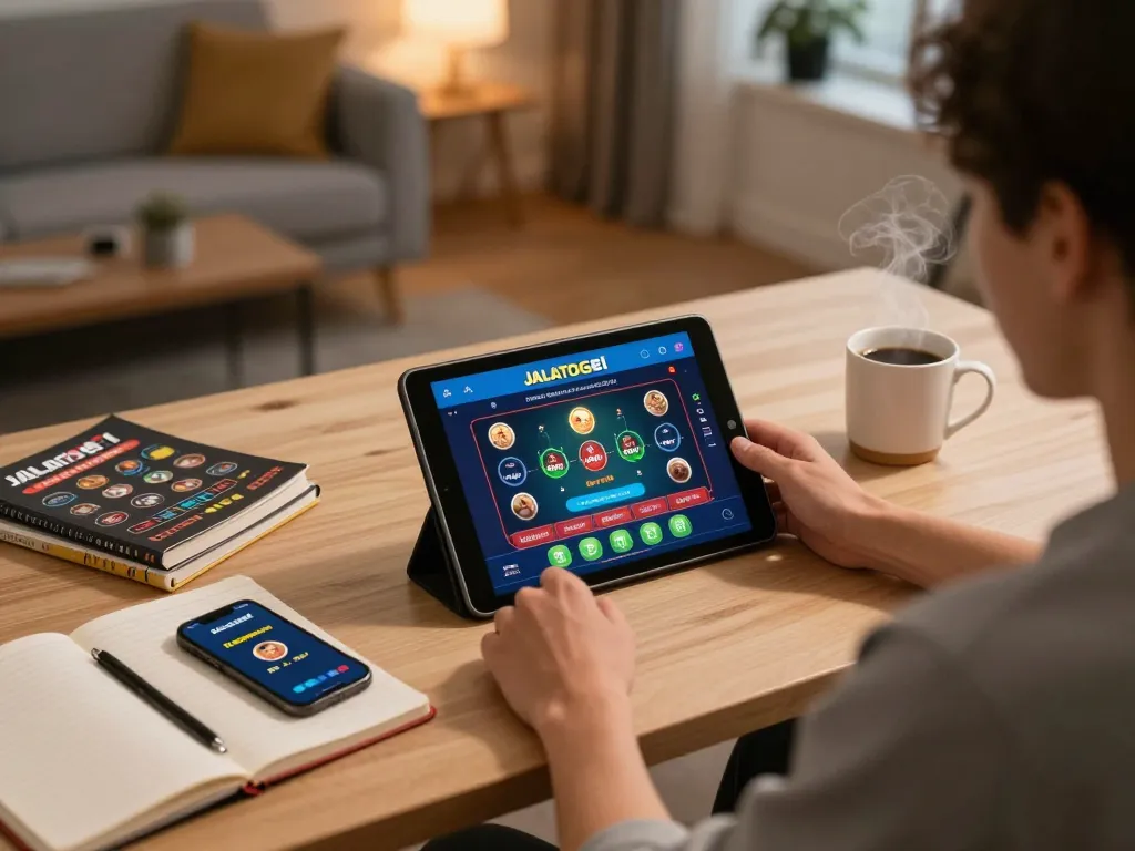 Bermain Jalatogel secara online di tablet di kantor rumah yang nyaman.