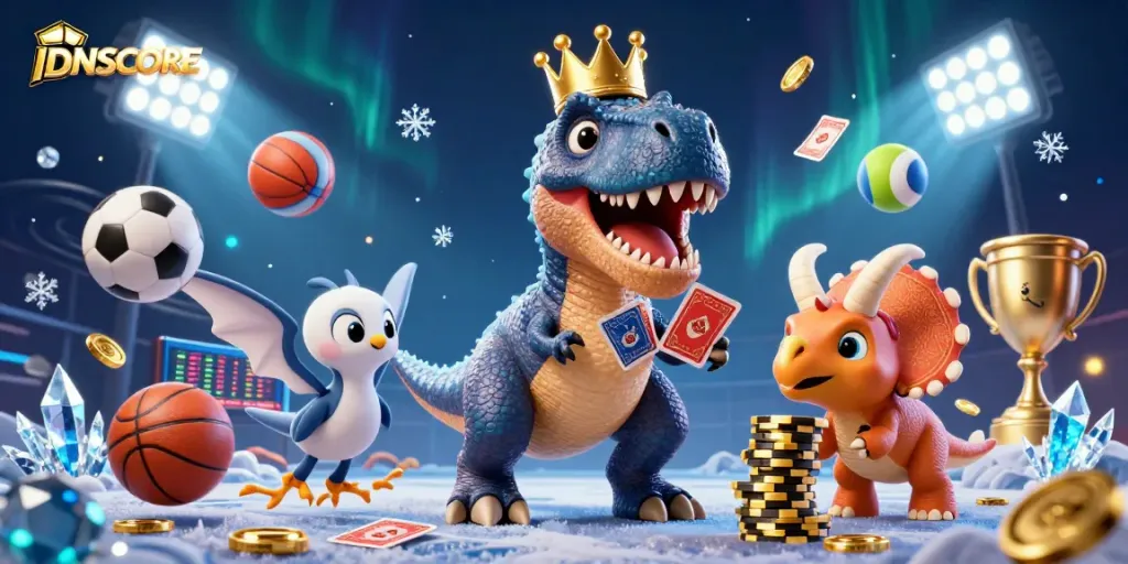 Bet on exciting games at IDNSCORE while a T-Rex shuffles cards with a pterodactyl and triceratops.